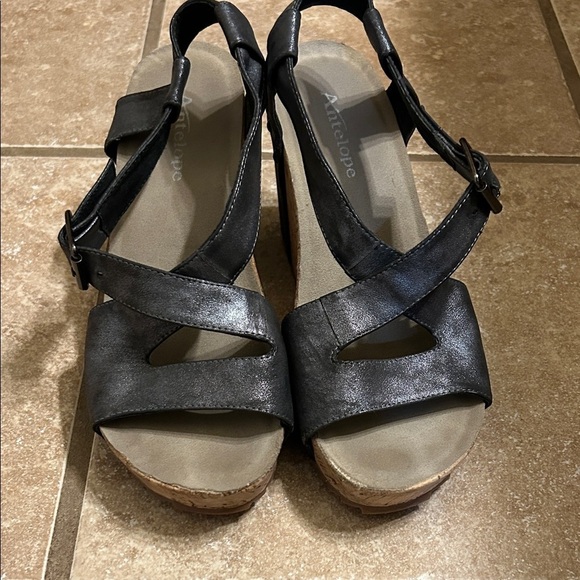 Antelope Shoes - Antelope Black Metallic Cork Wedge Sandals-size 39 (8.5-9)